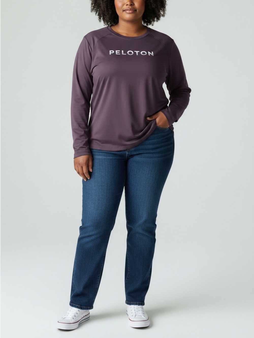 Peloton Womens Long Sleeve‎ Activewear Shirt Large Purple Nylon Spandex Logo EUC